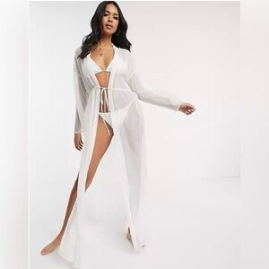 ASOS DESIGN tie front maxi beach kimono cover up in silver white metallic